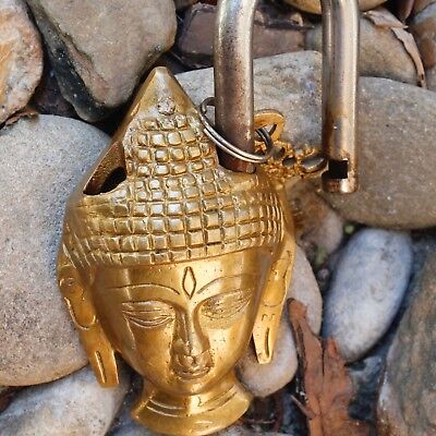 Lord Buddha Spiritual Padlock Gift Lock And Skeleton Key Old Antique Bronze Gold • 42.99$