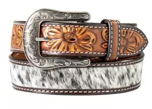Angel Ranch Western Womens Belt Leather Tooled Calf Hair Brown D140006302 - Picture 1 of 1