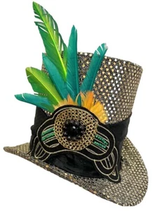 Tall Top Hat Gold Sequin Feathered Wild Green Dapper Wedding Topper Sideshow - Picture 1 of 5