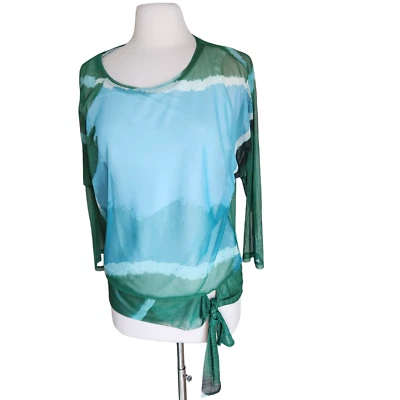 CHICO'S Women’s Size 2 Large 12 Geometric Mesh Top Blouse Green Blue - Image 1 of 4