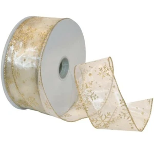 Gold Sparkle Snowflake Sheer Ivory Wide Wired Ribbon 50 yards NEW christmas bow - Picture 1 of 1
