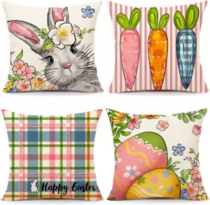 Easter Pillow Covers 18X18 Set of 4, Happy Bunny Carrots Eggs Flowers Farmhouse - Picture 1 of 12