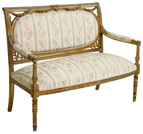 Antique Sofa, Louis XVI Style, Floral Upholstered, Gilt, Crest, Molded, 1800s!! Cover