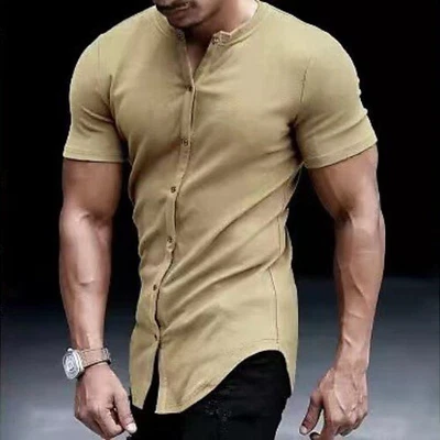 Женские мужские рубашки на пуговицах с коротким рукавом повседневные Muscle Slim Fit топы футболка - Изображение 1 из 4