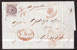 GB Gran Bretagna, 6 p. targa viola 3 sul 1863 lettera piegata all'Italia -HA74 - Foto 1 di 4