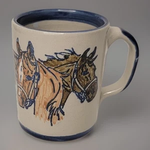 Taza Louisville Gres Marrón Tostado Gris Caballos Borde Azul - Imagen 1 de 5