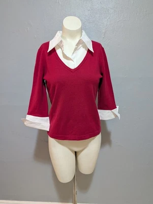 Винтажный вязаный топ Mossimo Office Core M ягодный розовый белый с воротником Academia Twofer - Изображение 1 из 4