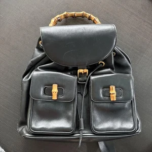 Mochila Gucci Bambú Cuero Cordón Negro Mujer Bolsos Auténticos Usados - Imagen 1 de 7