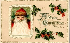 Vintage Christmas Postcard Santa Claus & Holly Berries John Winsch Signed Artist - Picture 1 of 3