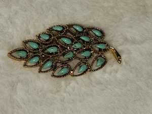 GERRY'S DESIGNER BROSCHE SIGNIERT BLATT TÜRKIS EMAILLE GOLDFARBEN - Bild 1 von 5