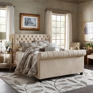 Sleigh bed Scroll Fabric Bed Frame Upholstered Chesterfield Velvet - Smooth - Picture 1 of 5