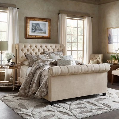 Sleigh bed Scroll Fabric Bed Frame Upholstered Chesterfield Velvet - Smooth - Image 1 of 4