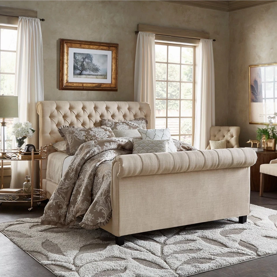 Sleigh bed Scroll Fabric Bed Frame Upholstered Chesterfield Velvet - Smooth - Image 1 of 4