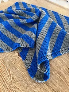 Hand Knitted Baby/Toddler Boy Blanket in Gray and Blue Stripes - Picture 1 of 3