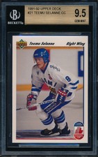 1991 - 92 UPPER DECK Teemu Selanne RC BGS 9.5 GEM MINT #21 rookie card FREE SHIP