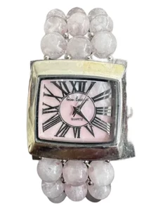 Women's GEM ESSENCE Pink Bead Silver Tone Stretch Band Watch New Battery - Picture 1 of 5