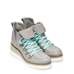 COLE HAAN ZeroGrand Waterproof Wedge Hiker Ankle Boots Leather Gray Blue - Picture 1 of 8