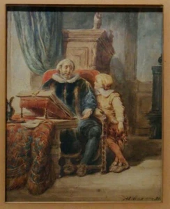RARE MID-18TH C ANTIQUE 1751 EUROPEAN SIGNED FIGURATIVE W/C, ORNATE PERIOD FRAME - Picture 1 of 12