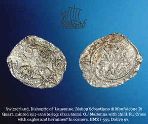 1517-1536 Swiss Switzerland Lausanne Sebastiano Monfalcone Bi Quart 0.82g Coin - Picture 1 of 4