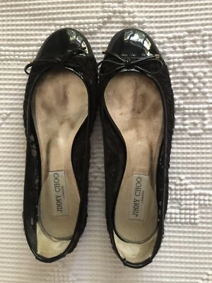 Jimmy Choo Ballet Slipper Black Patent And Lace Size 37 Box & Dust Bag - Image 1 of 4