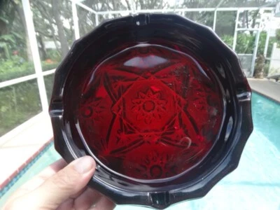 Anchor Hocking Royal Ruby Red Glass Prescut 7 7/8th" Ashtray Very Good Used Cond - Image 1 of 4