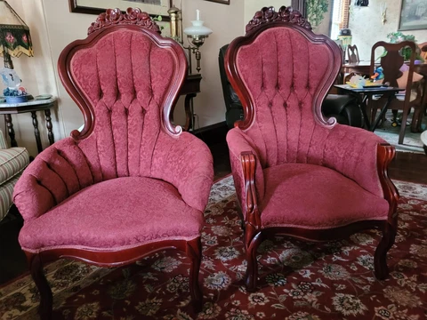Victorian Style Rose Carved Lady's Chair and Gentleman's Chair Set - PICKUP ONLY Cover