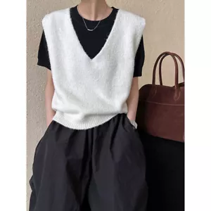 Sweater Vest Autumn Womens Sleeveless Vest V-neck Knitted Short Sweater Top Vest - Picture 1 of 29