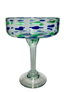 Hand Blown Margarita Glass Green Blue Speckled Clear Mexico - Picture 1 of 10