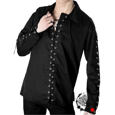 Мужская готическая рубашка на шнуровке с длинными рукавами черная хлопковая стимпанк рубашка для мужчин - Изображение 1 из 2