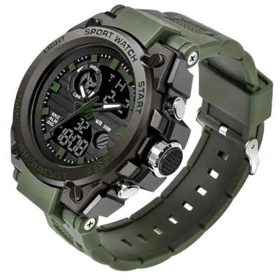 Reloj deportivo analógico digital LED para hombre doble pantalla duradera correa de resina negra regalo Foto 1 de 4