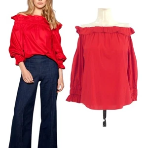 Donna Ida Blouse Off Shoulder Red Bardot Top Cotton Poplin size S - Picture 1 of 10