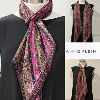 ANNE KLEIN Silk Crepe de Chine Floral Pink,Choc,Green Scarf 25cm x 174cm - Image 1 of 4