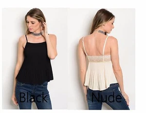 Women Nude Black Pleated Tank Top Blouse Shirt Lace Spaghetti Strap Casual Cute - Picture 1 of 6