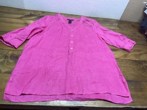 Ali Miles Women’s XL Button Up Blouse Pink Linen Eyelet Tunic - Picture 1 of 13