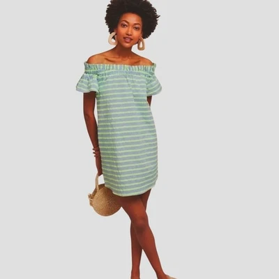 Vestido Anthropologie Corey Lynn Calter Hombro Descubierto Verde Gris Rayas Volantes XS Foto 1 de 4