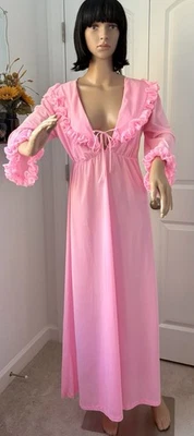 Camisola longa vintage anos 60 chiclete rosa babado lingerie peignoir M - Imagem 1 de 4