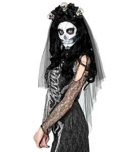 Blumenhaarreif Schleier Totenköpfe schwarz Haarreif Blumen Halloween Skelett  - Bild 1 von 5