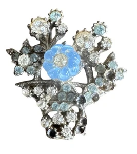 Vintage silberfarbene mögliche Coro Brosche mit blauer Emaille Blume, wie besehen Bedarf Steine - Bild 1 von 9