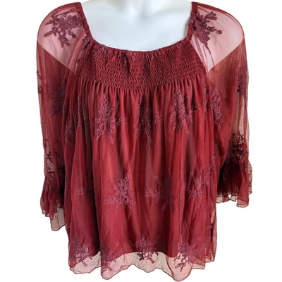 Whimsygoth Sheer Lace Peasant Top Plus 22W 24W Burgundy Mesh Romantic Witchy - Image 1 of 4