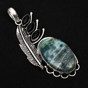 Ocean Jasper Black Onyx Gemstone Feather Pendant Jewelry Gift 3.04" AP-99453 - Picture 1 of 1