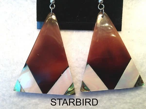 BUFFALO HORN, MOTHER OF PEARL, ABALONE SHELL INLAY DANGLE EARRINGS 80'S VIN - Picture 1 of 3