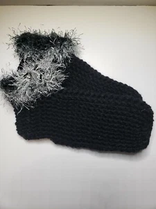 Handmade Women's Crocheted Slippers, Black w/ fur  Trim, Size L 9-11  - Picture 1 of 2