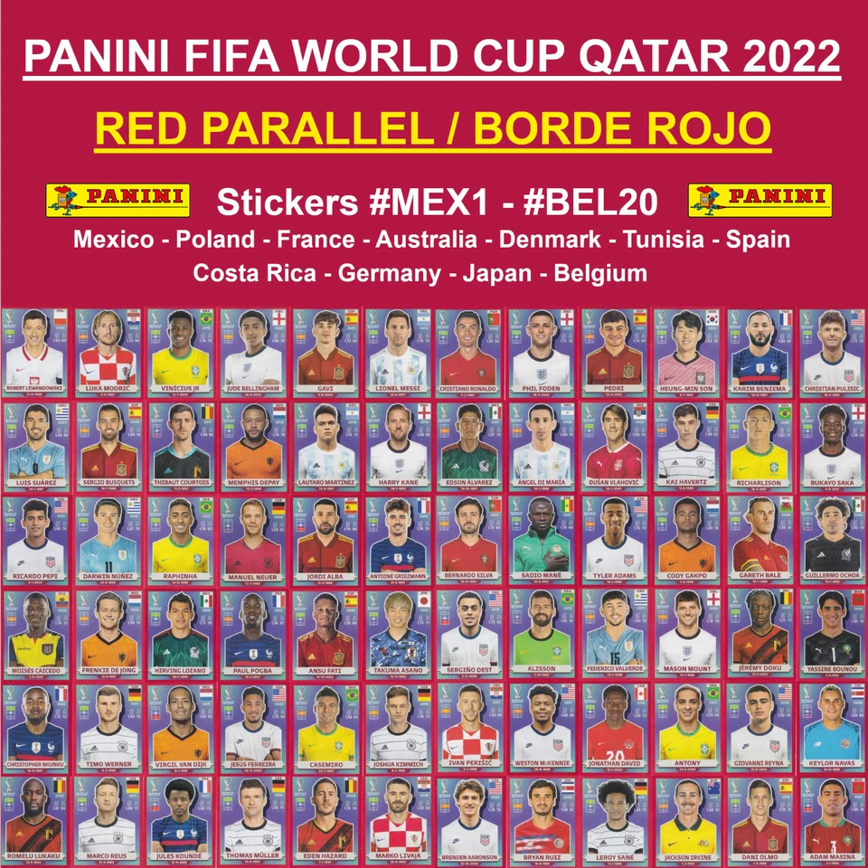 Panini World Cup QATAR 2022 - RED PARALLEL Stickers #MEX1 - #BEL20 - Image 1 of 1