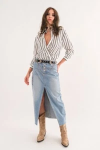 Front Button Detail Slit High Waist Midi Denim Skirt - Picture 1 of 6