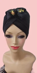 Pretty  Black Turban with Bow. Chemo Cancer Hat Hair Loss  Head Wrap - Picture 1 of 8