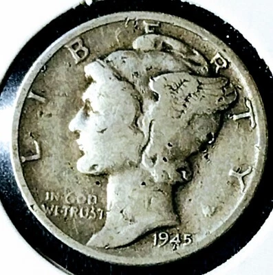RARE ERROR 1945 D MERCURY DIME  WRONG PLANCHET STRIKE THROUGH DIE CAP ROTATED  - Image 1 of 4