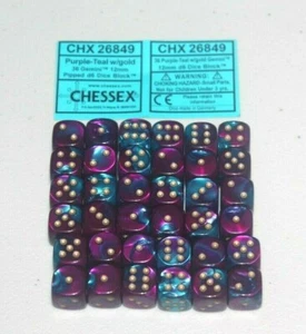 Chessex Purple Teal with Gold 36 Gemini 12mm Pipped Dice CHX 26849 - Picture 1 of 1