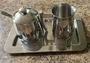 Frieling Stainless Steel Sugar Bowl w/ Spoon & Creamer with Stainless Tray - Picture 1 of 4