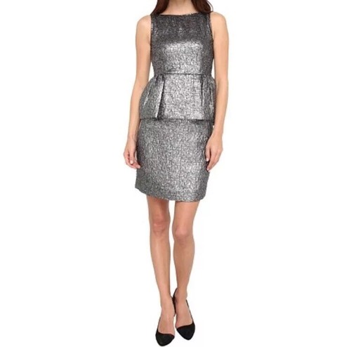 Abito metallico Kate Spade Andi 2 grigio argento pistola cocktail peplum