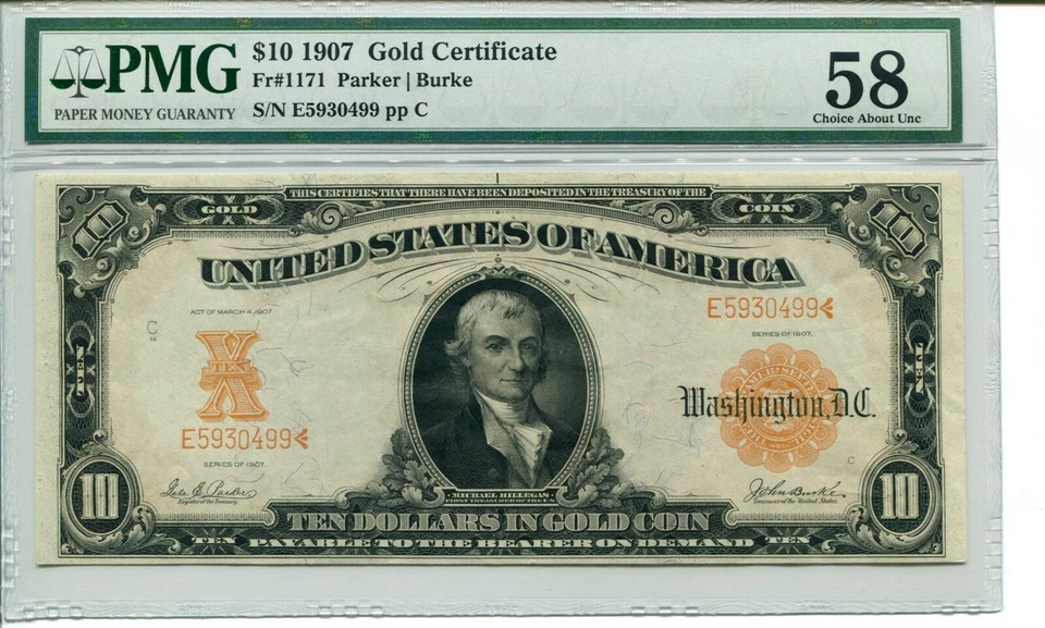 FR 1171 1907 $10 Gold Certificate 58 Choice About New - Image 1 of 1